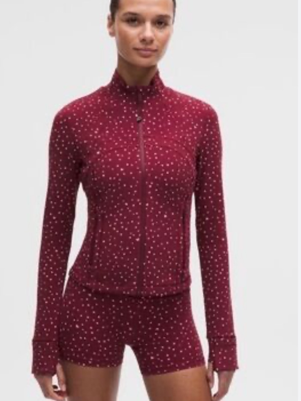 Lululemon SET Define Cropped Jacket & Shorts Burgundy Polka Dot Hearts Size 6